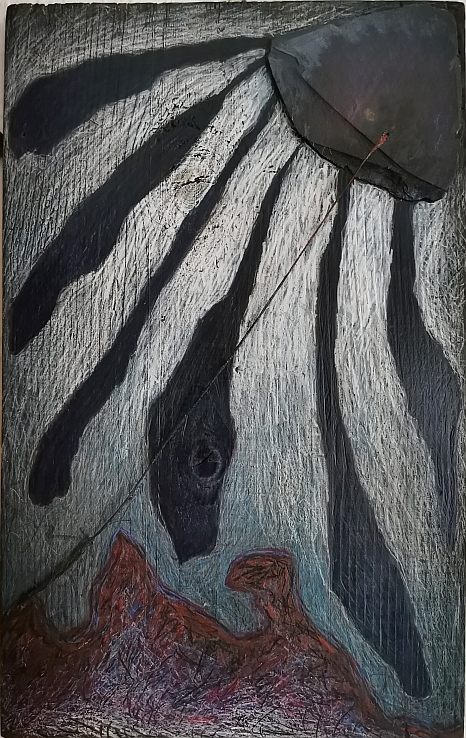 Renato Liermann: O.T. (Sailing). Buntstift, chinesische Tusche/Holz, Bindfaden, Schiefer (1987) Renato Liermann: O.T. (Sailing). Buntstift, chinesische Tusche/Holz, Bindfaden, Schiefer (1987)