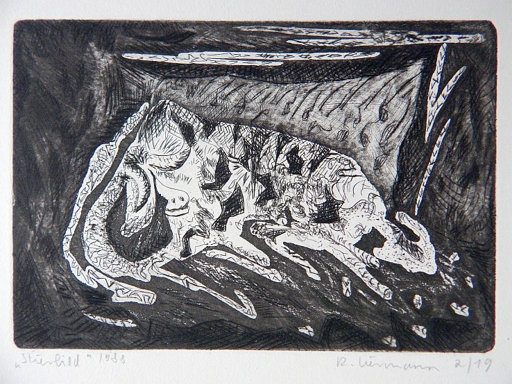 Renato Liermann: Stierbild. Kaltnadelradierung, Aquatinta/Büttenkarton (1988) Renato Liermann: Stierbild. Kaltnadelradierung, Aquatinta/Büttenkarton (1988)